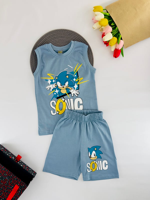 1305-25 Şimşek Sonic Baskılı Erkek Çocuk Şortlu Takım-SU YEŞİLİ