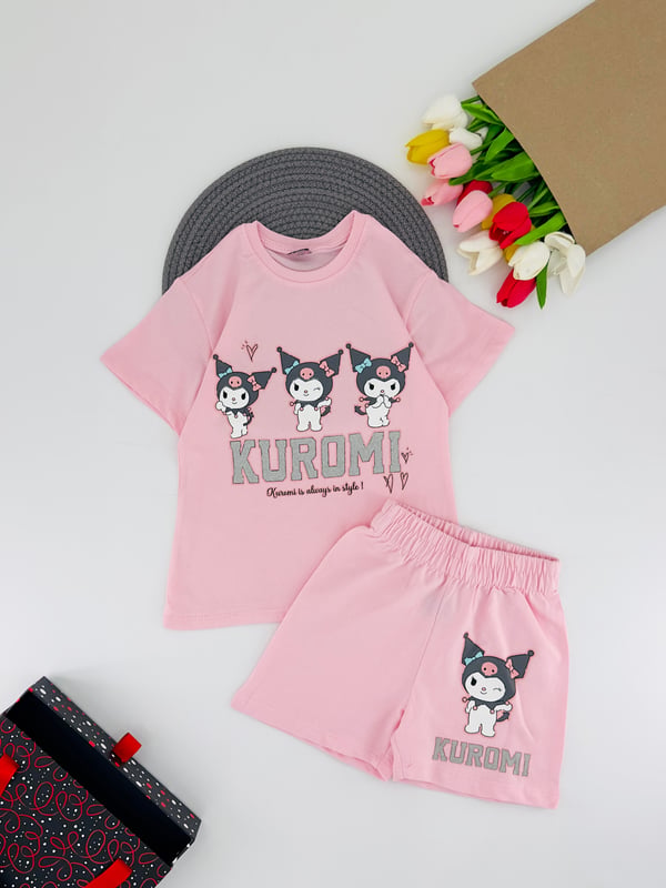1305-6 Krm Baskılı Kız Çocuk Şortlu Takım-PEMBE
