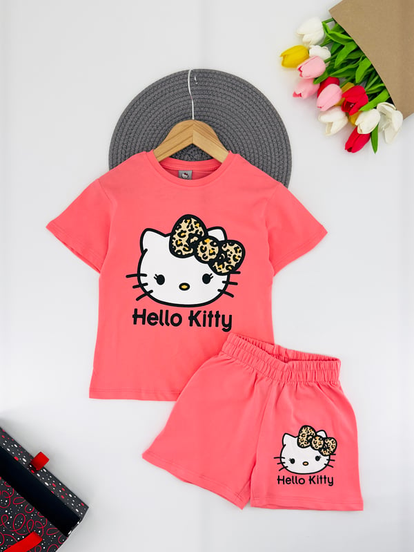 1305-8 Hlo Kty Baskılı Kız Çocuk Şortlu Takım-PEMBE