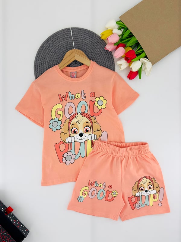 1305-9 What Çiçek Yazılı Baskılı Kız Çocuk Şortlu Takım-SOMON