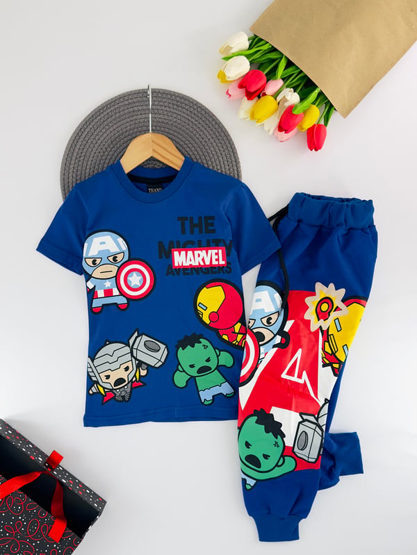 1400-1 Marvel Yazılı Baskılı Erkek Çocuk Takım-SAKS MAVİ