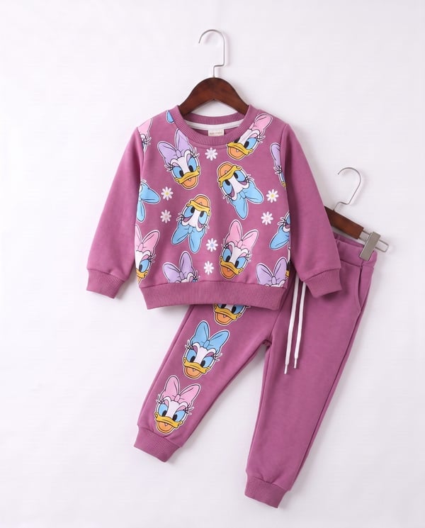 1500-6 Daisy Duck Papatya Baskılı 3 İplik Şardonlu Kız Çocuk Takım-MÜRDÜM
