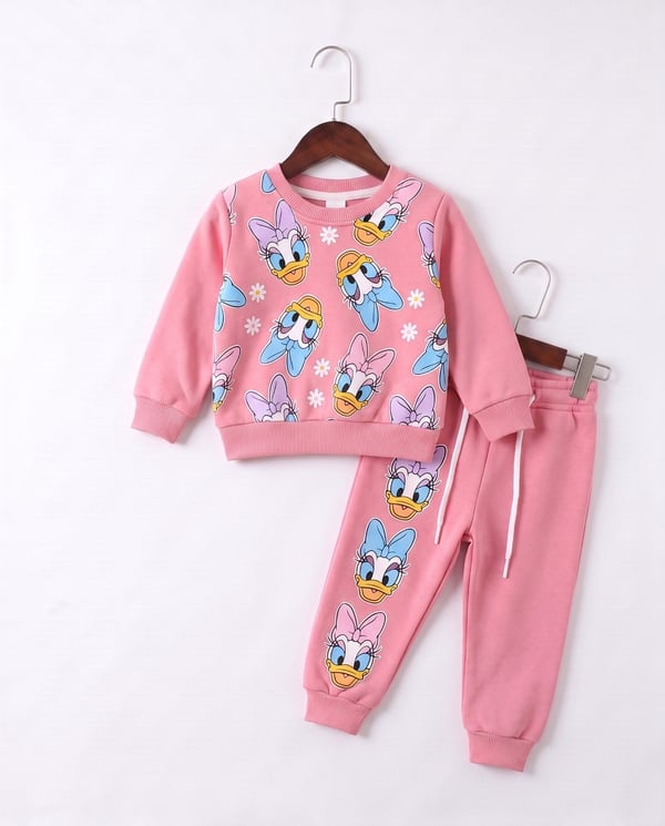 1500-6 Daisy Duck Papatya Baskılı 3 İplik Şardonlu Kız Çocuk Takım-PEMBE