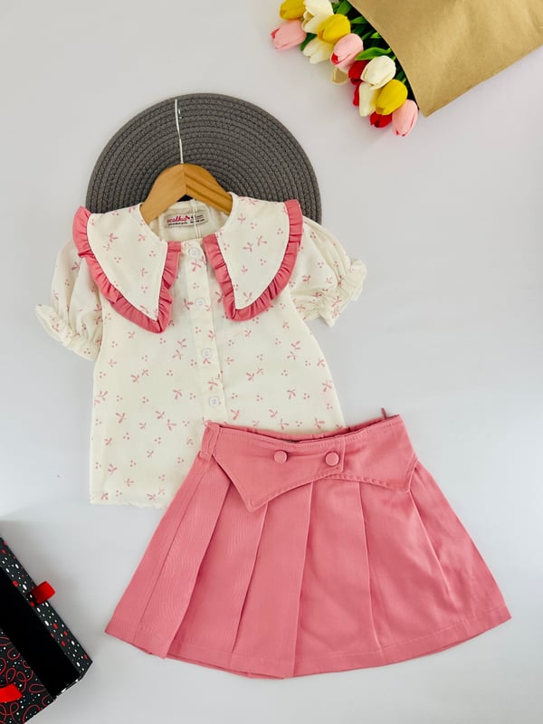 1515-1 Bebe Yaka Çiçek Detaylı Kız Çocuk Gabardin Etekli Takım-PEMBE