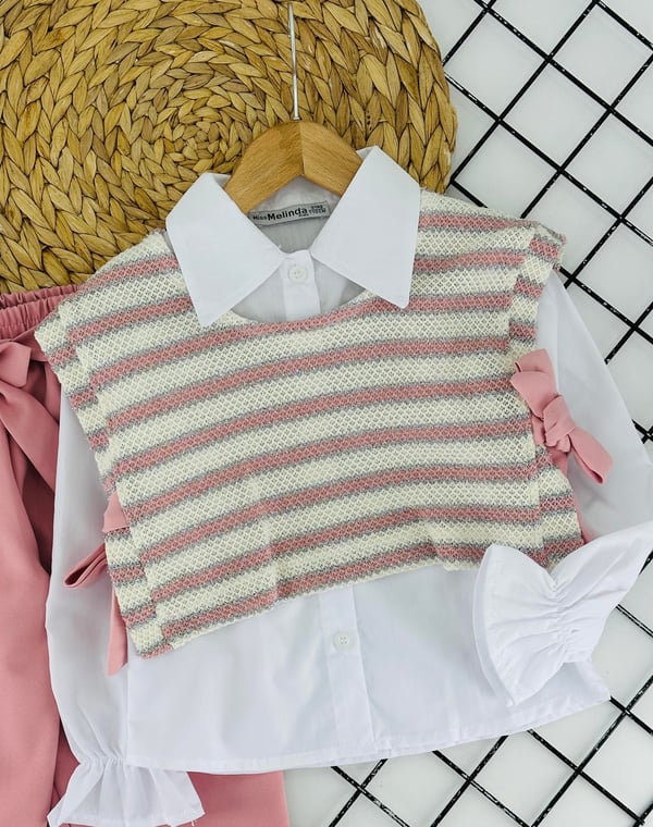 155 Gömlekli Süveterli Kız Çocuk 3 Lü Takım-PEMBE