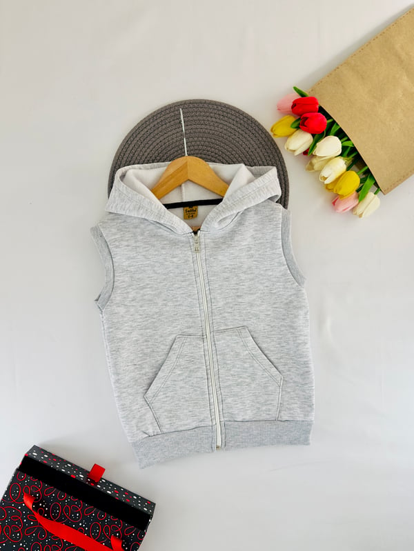 15510 Kanguru Cepli Kapşonlu 3 İplik Şardonlu Unisex Çocuk Yelek-GRİ