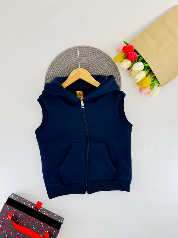 15510 Kanguru Cepli Kapşonlu 3 İplik Şardonlu Unisex Çocuk Yelek-LACİVERT