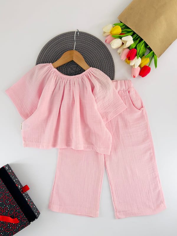 1605-5 Yakası Lastikli Keten Kumaş Kız Çocuk Takım-PEMBE