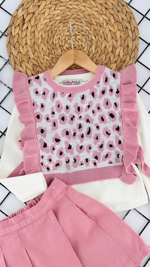 1635 Leopar Süveterli Kız Çocuk 3 Lü Takım-PEMBE
