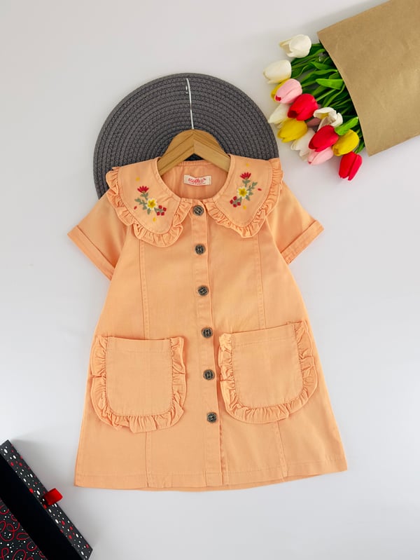 1678 Bebe Yaka Düğmeli Kız Çocuk Gabardin Elbise-SOMON