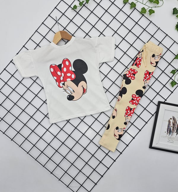 170-4 Kız Çocuk Minie Mouse Penye Taytlı Takım-KREM