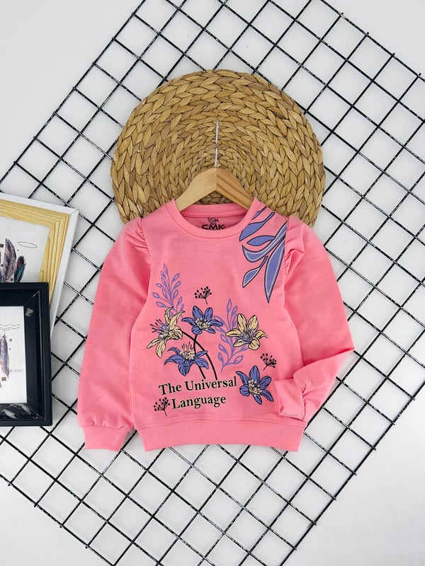 170305 Çiçek Yaprak Baskılı Kız Çocuk Penye Sweat-PEMBE