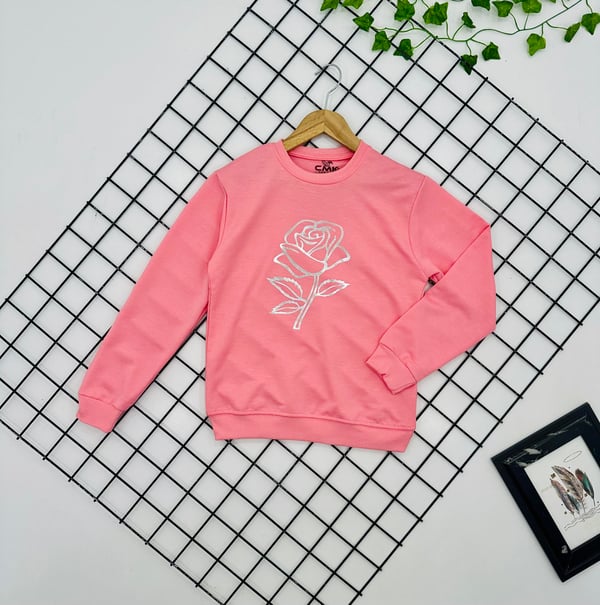 170330 Önü Gül Baskılı Kız Çocuk Mevsimlik Sweat-PEMBE