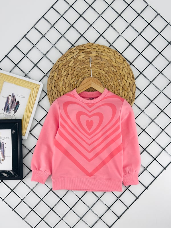170335 Kalp Baskılı Kız Çocuk Penye Sweat-PEMBE