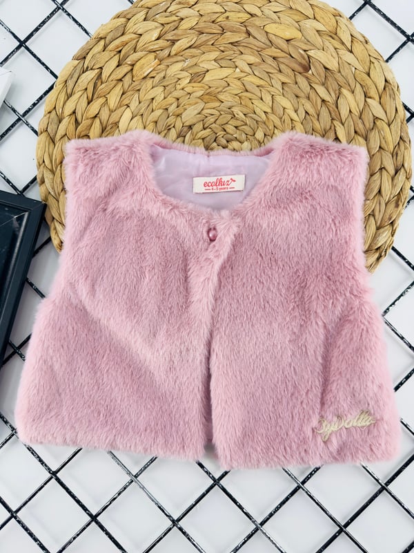 1713 Fırfırlı By Yazılı Peluş Yelekli Kız Çocuk Elbise-PEMBE