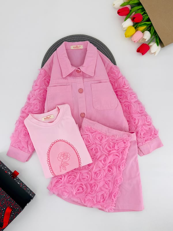 1758 Kolu Gül Detaylı Kız Çocuk Etekli Takım-PEMBE