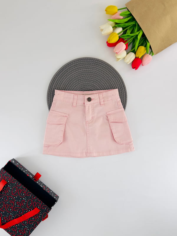 1783 Kız Çocuk Gabardin Kargo Cepli Etek-PEMBE