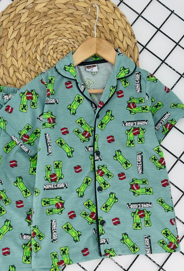 19000-1 Mnch Baskılı Erkek Çocuk Penye Kısa Kol Pijama Takım-YEŞİL