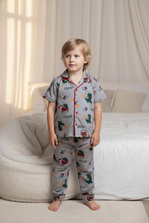 19000-9 Bana Yazılı Dino Baskılı Erkek Çocuk Penye Kısa Kol Pijama Takım-KOYU GRİ