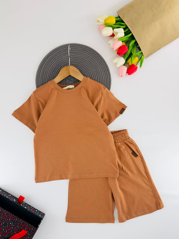 19403 Düz Bisiklet Yaka Unisex Şortlu Takım-TABA