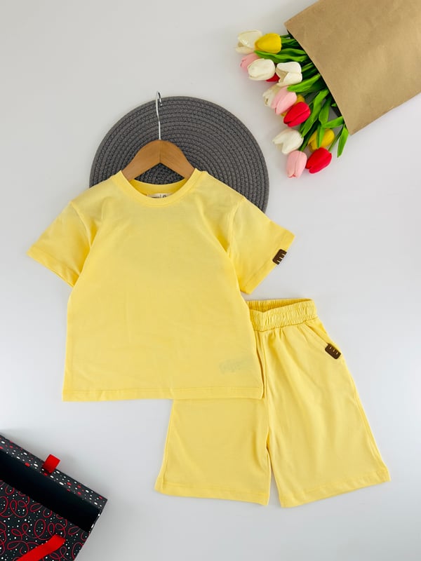 19403 Düz Bisiklet Yaka Unisex Şortlu Takım-SARI