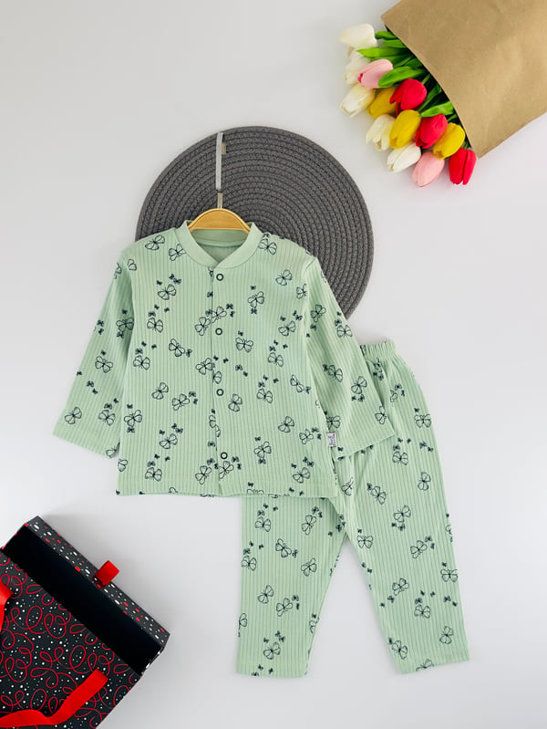 2001-2 Çiçek Baskılı Çıtçıtlı Kız Çocuk Pijama Takımı-YEŞİL