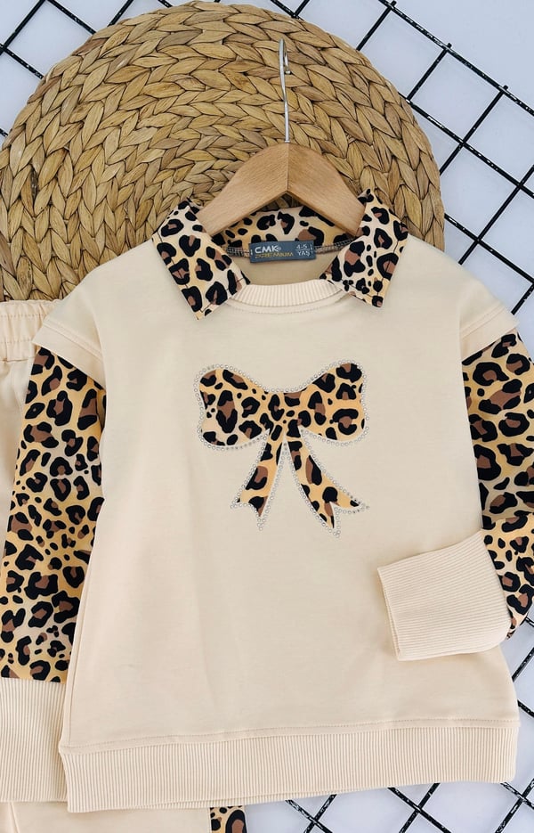 200850 Önü Fiyonklu Taşlı Leopar Desen Kız Çocuk takım-KREM