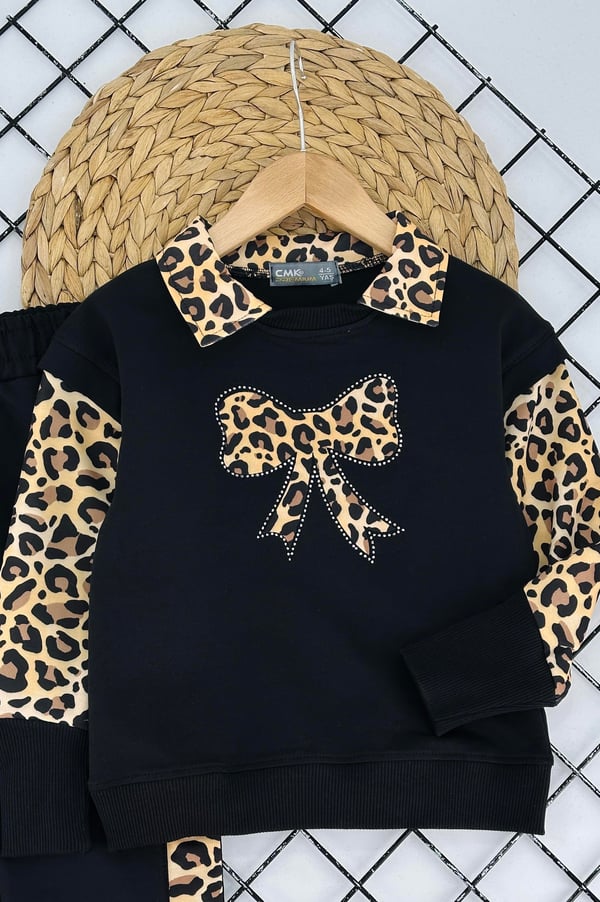 200850 Önü Fiyonklu Taşlı Leopar Desen Kız Çocuk takım-SİYAH
