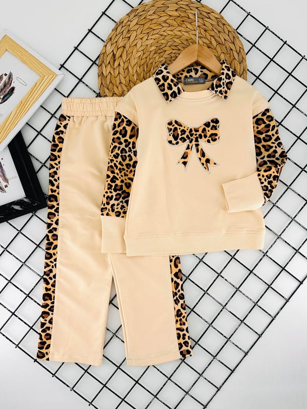 200850 Önü Fiyonklu Taşlı Leopar Desen Kız Çocuk takım-KREM