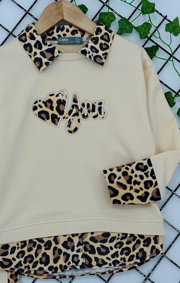 200855 Yakalı Leopar Desen Kız Çocuk Taytlı Takım-KREM