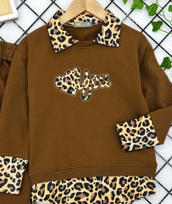 200855 Yakalı Leopar Desen Kız Çocuk Taytlı Takım-KAHVE