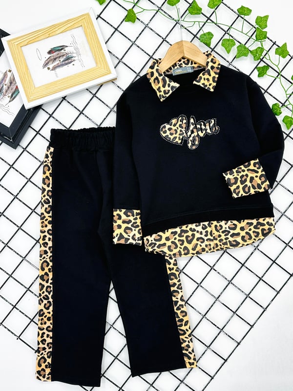 200855 Yakalı Leopar Desen Kız Çocuk Taytlı Takım-SİYAH