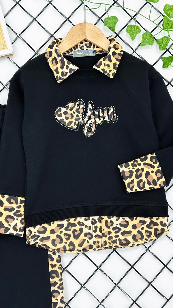 200855 Yakalı Leopar Desen Kız Çocuk Taytlı Takım-SİYAH