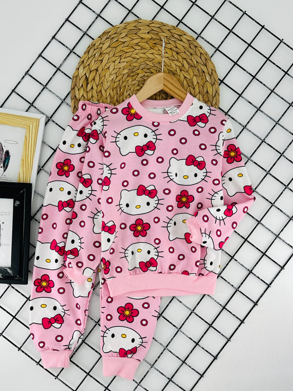 2023-11 Hllo Kty Baskılı Kız Çocuk  Şardonlu Pijama Takımı-PEMBE