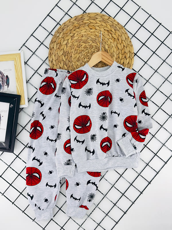 2023-14 Örümcek Ağ Baskılı Erkek Çocuk İki İplik Şardonlu Pijama Takım-GRİ