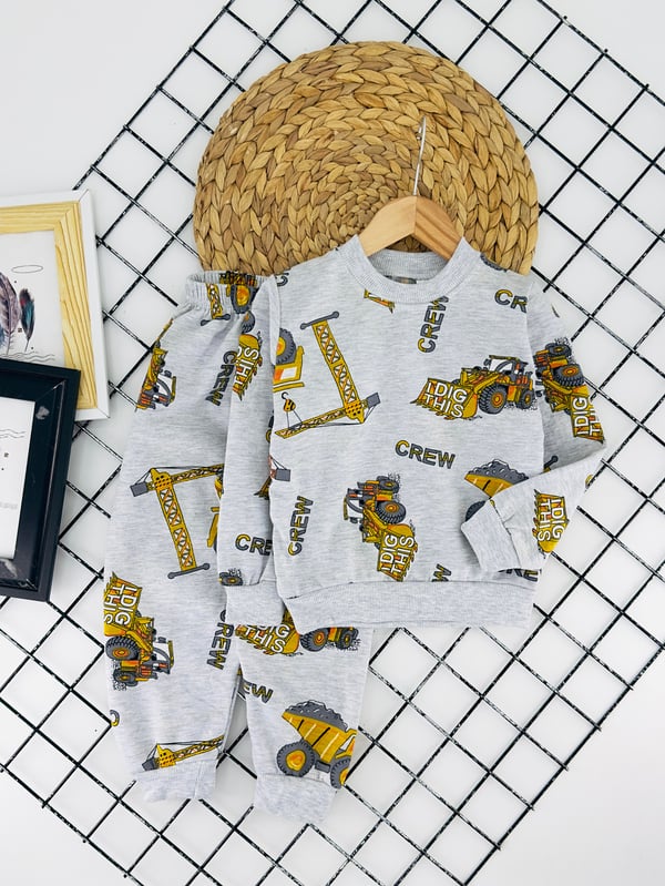 2023-15 İş Makinası Baskılı Erkek Çocuk İki İplik Şardonlu Pijama Takım-GRİ