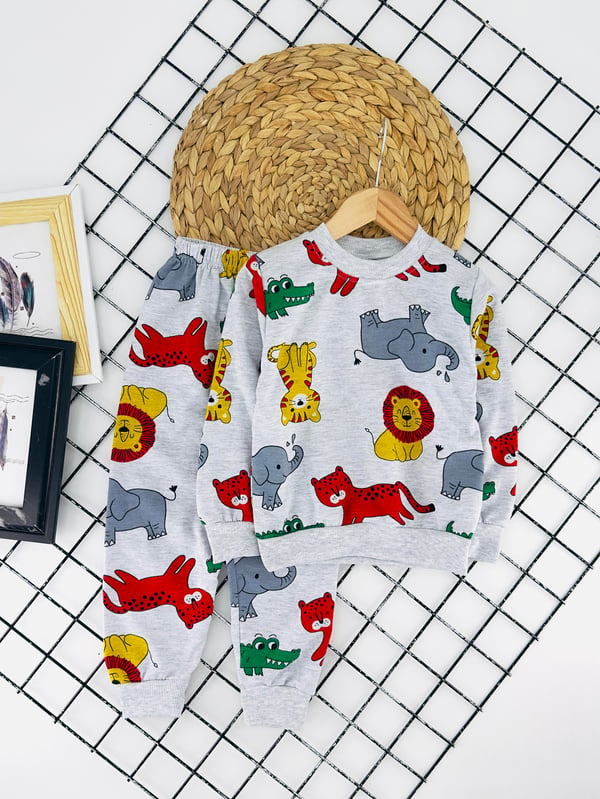 2023-17 Fil Baskılı Erkek Çocuk İki İplik Şardonlu Pijama Takım-GRİ