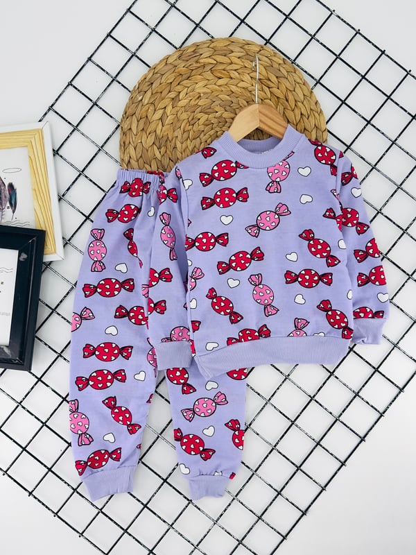 2023-22 Şeker Kalp Baskılı Kız Çocuk İki İplik Şardonlu Pijama Takım-LİLA