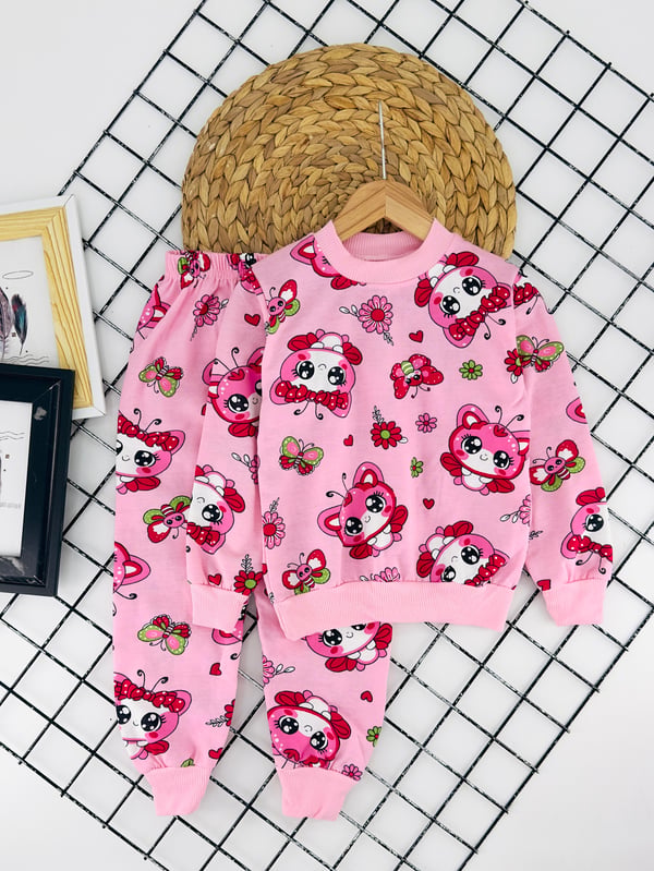 2023-23 Kelebek Çiçek Baskılı Kız Çocuk İki İplik Şardonlu Pijama Takım-PEMBE