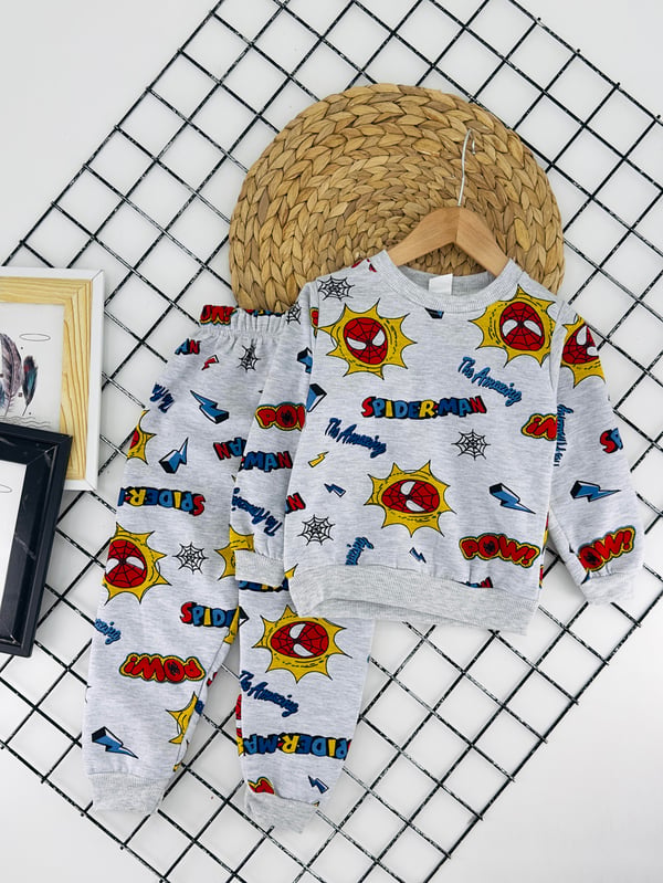 2023-3 Spdm Yazılı Ağ Baskılı  Erkek Çocuk Şardonlu Pijama Takımı-GRİ