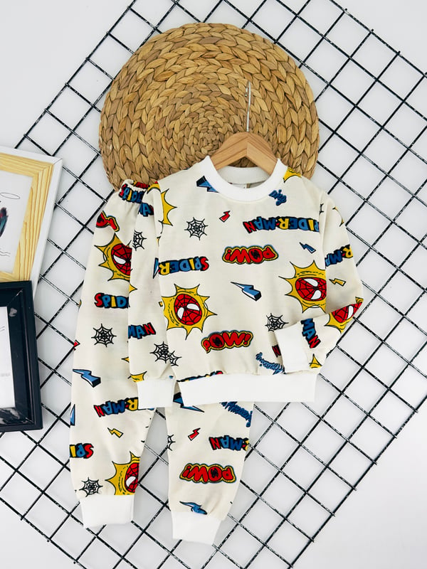 2023-3 Spdm Yazılı Ağ Baskılı  Erkek Çocuk Şardonlu Pijama Takımı-KREM