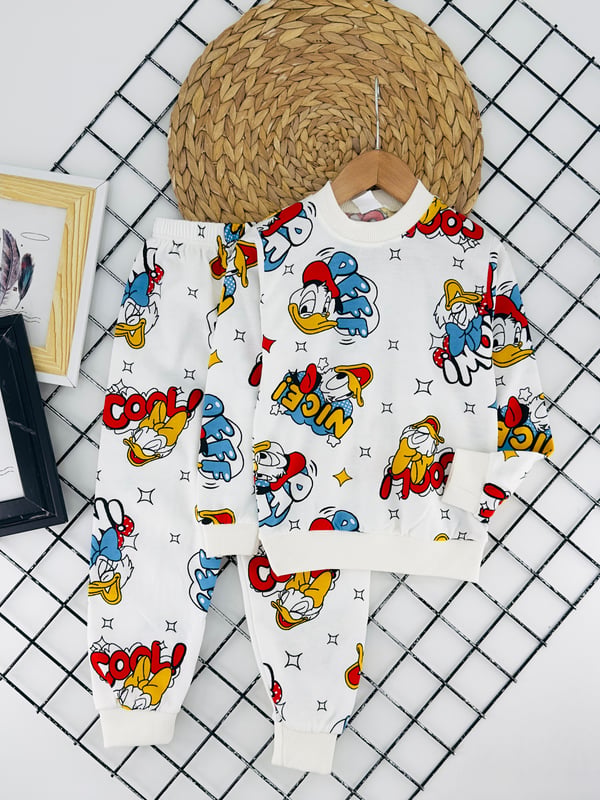 2023-32 Dfy Dck Baskılı İki İplik Şardonlu Erkek Çocuk Pijama Takım-KREM