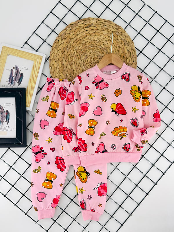 2023-36 Kelebek Kalp Baskılı Kız Çocuk Şardonlu Pijama Takımı-PEMBE