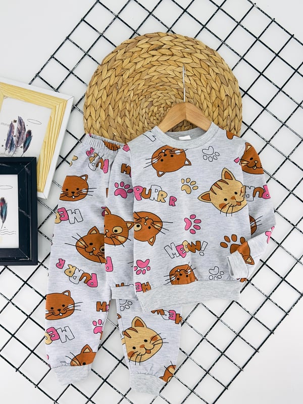 2023-37 Meow Kedi Baskılı Kız Çocuk Şardonlu Pijama Takımı-GRİ