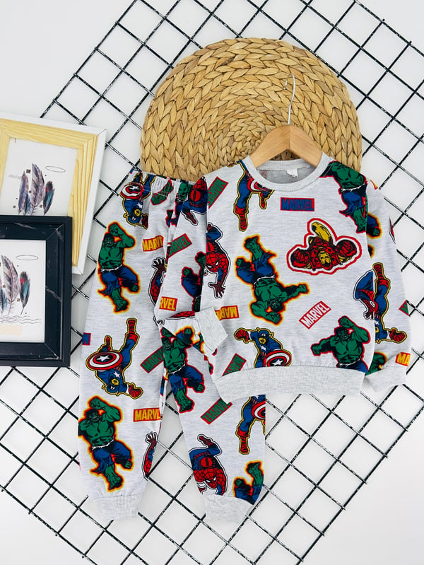 2023-39 Mrvl Yazılı Baskılı Erkek Çocuk İki İplik Şardonlu Pijama Takım-GRİ