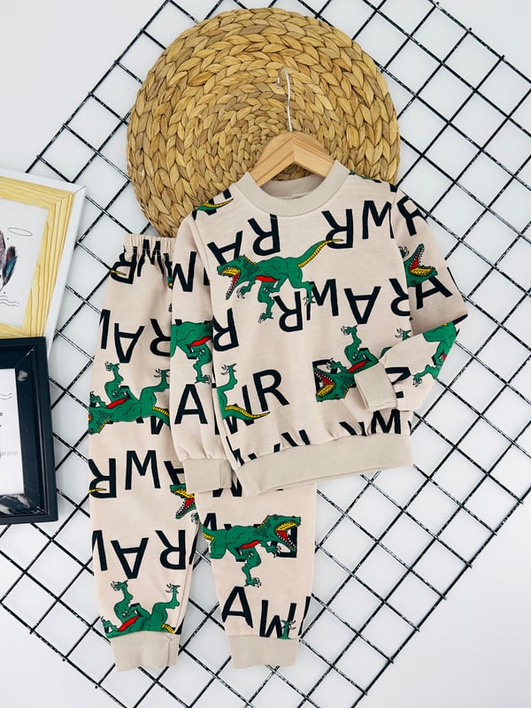 2023-4 Dinozor Baskılı Erkek Çocuk Şardonlu Pijama Takımı-BEJ