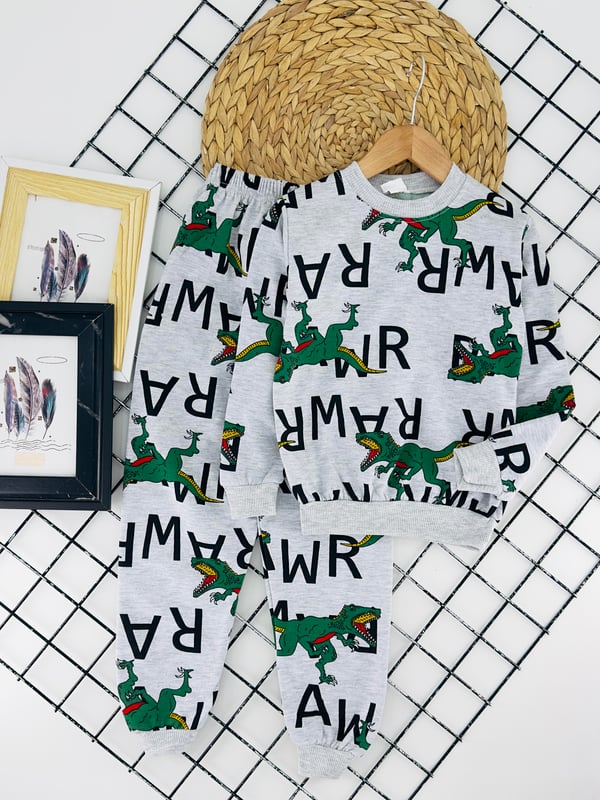 2023-4 Dinozor Baskılı Erkek Çocuk Şardonlu Pijama Takımı-GRİ