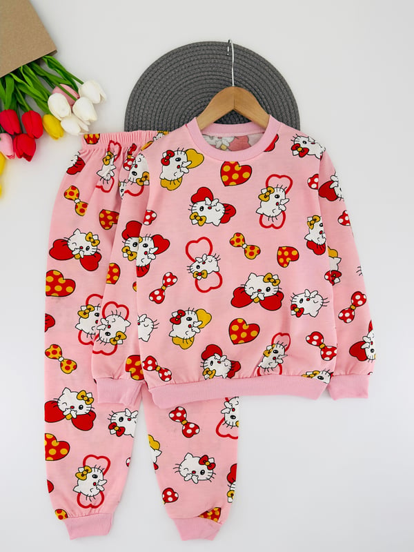 2023-40 Hello Kty Baskılı Kız Çocuk Şardonlu Pijama Takımı-PEMBE