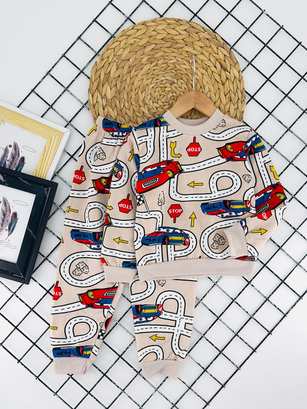 2023-5 Yol Desen Stop Yazılı  Şardonlu Erkek Çocuk Pijama Takımı-BEJ