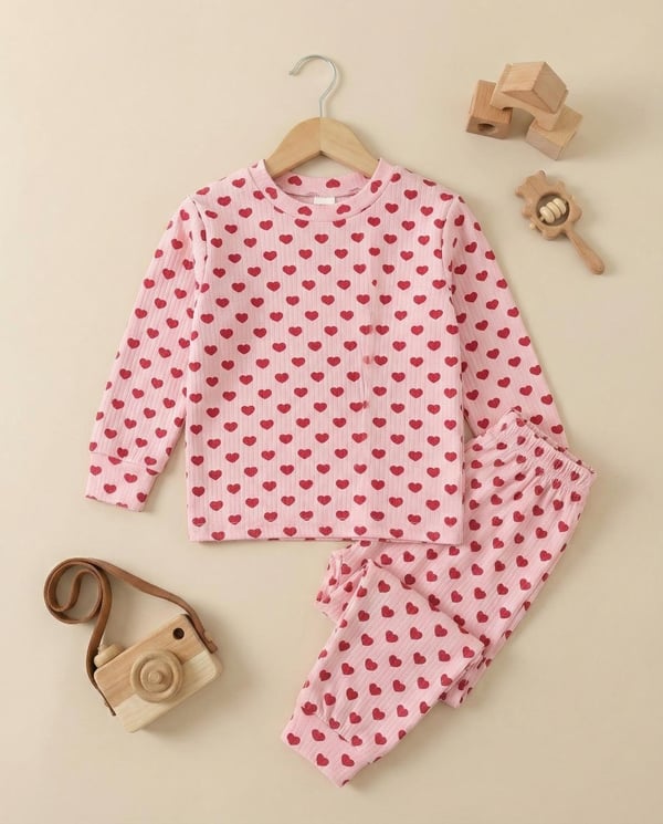 2026-10 Küçük Kalp Baskılı Fitilli Kumaş Kız Çocuk Pijama Takımı-PEMBE